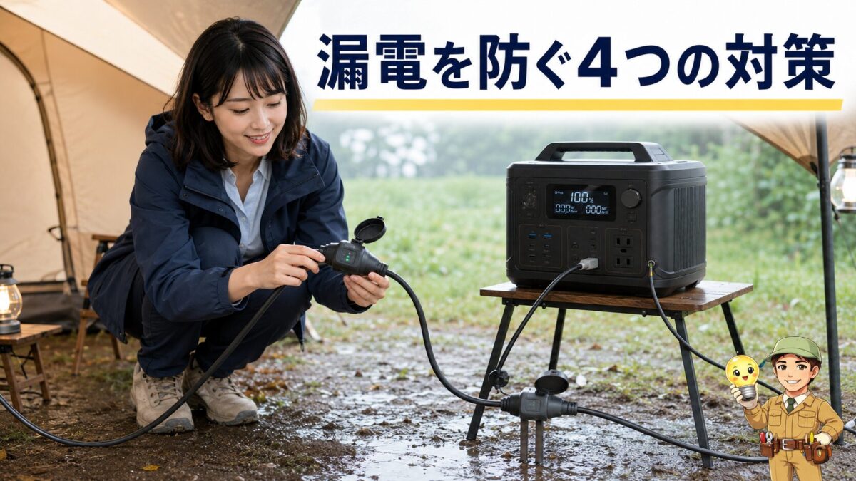 屋外で防雨型延長コードと漏電遮断機能を使い接続部を点検する様子
