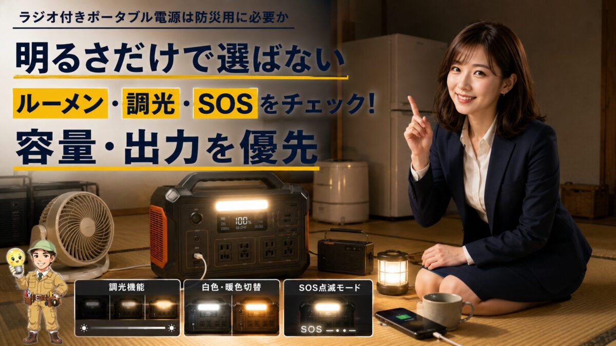 LEDライトの明るさや調光機能とポータブル電源の容量や出力を確認するイメージ