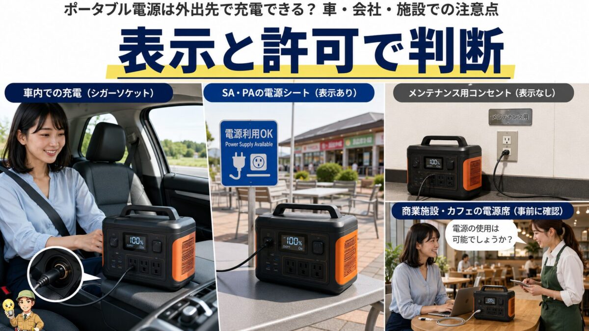 車とサービスエリアと商業施設で充電可否を見分ける場面