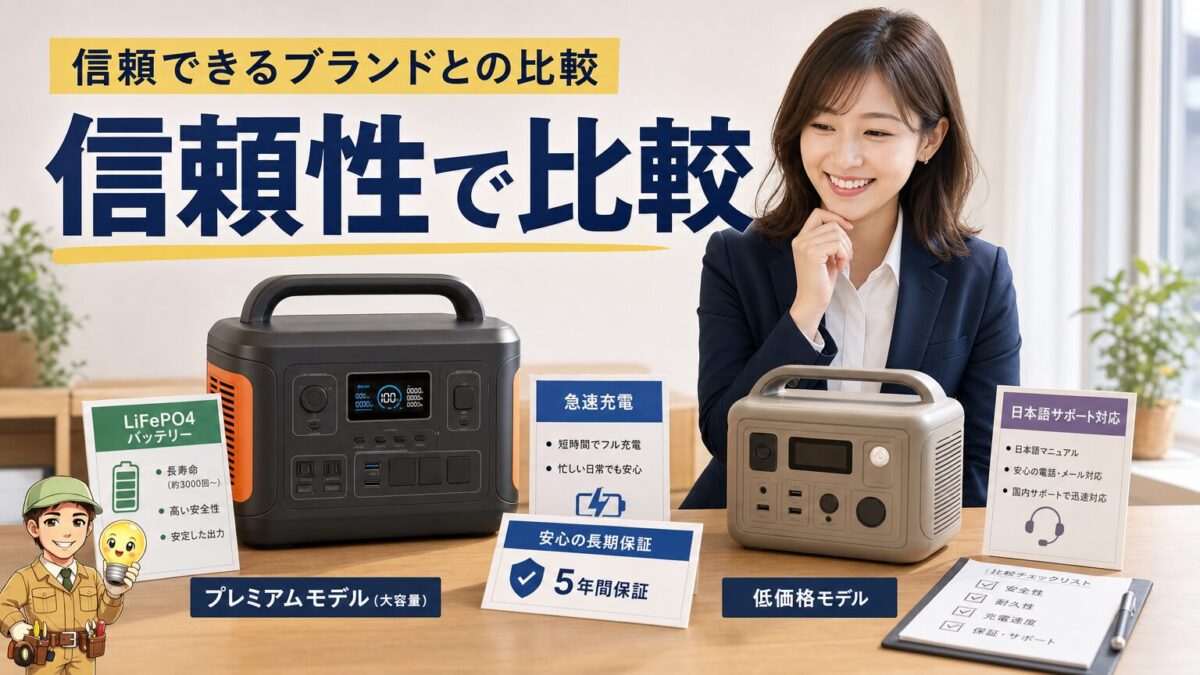 信頼できるポータブル電源ブランドを格安モデルと比較する画像