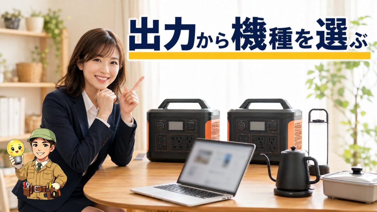 使う家電を確認しながらレンタルするポータブル電源の出力を選ぶ場面