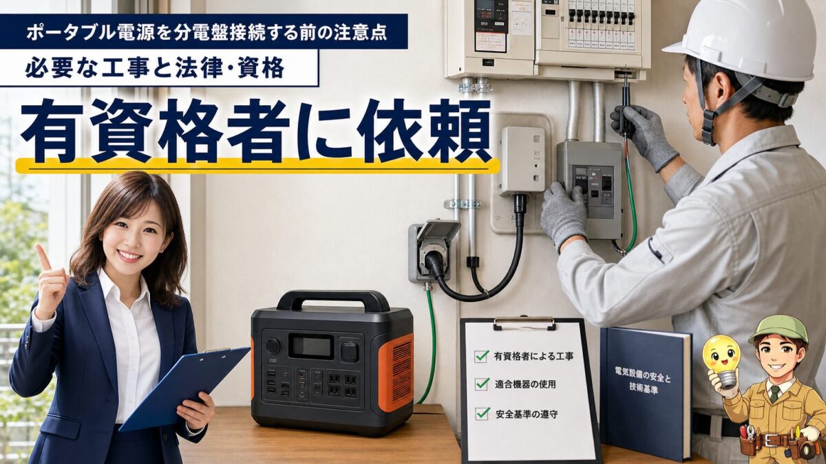 有資格の電気工事士が分電盤と切替設備を施工している画像