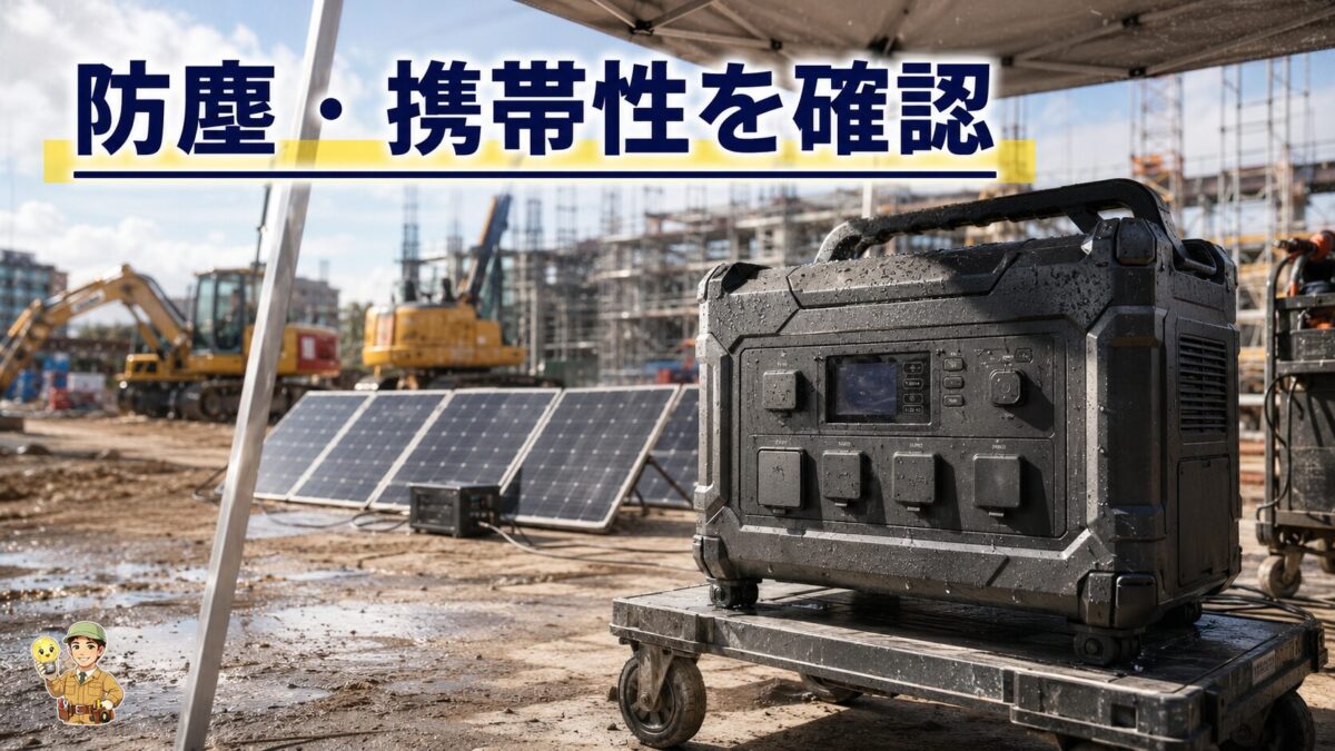 屋外現場で防塵性や持ち運びやすさを確認するポータブル電源