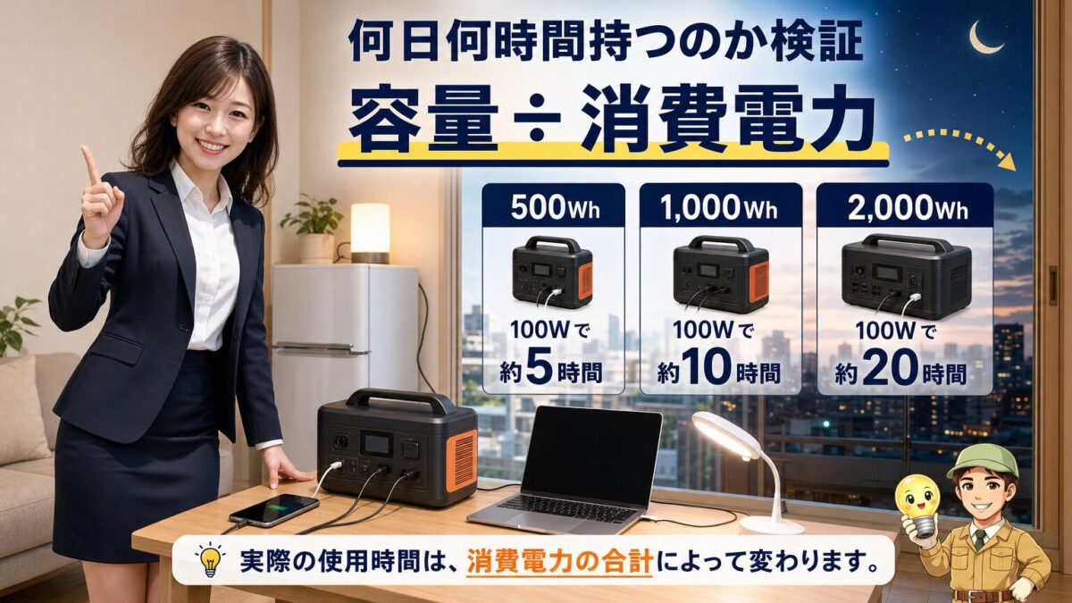 家電に給電するポータブル電源と500Whから2000Whまでの稼働時間目安