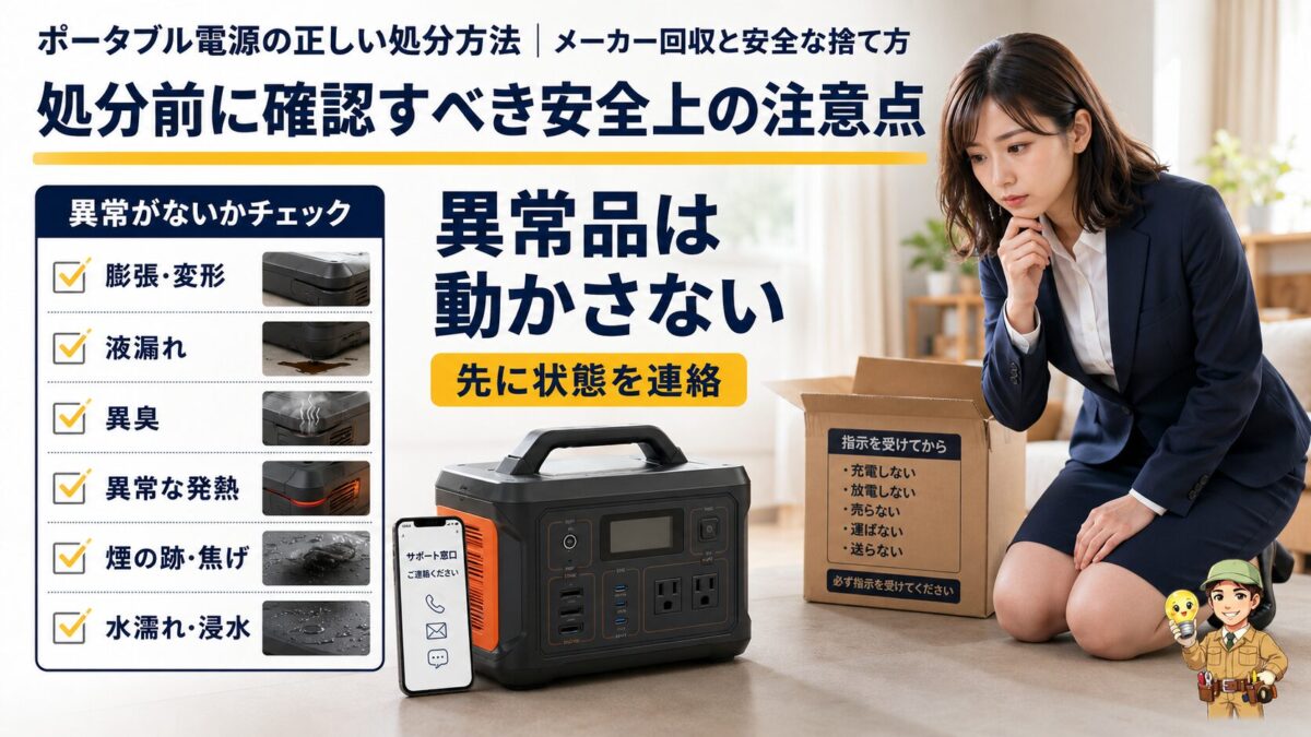 膨張や液漏れなど処分前の異常を確認するポータブル電源