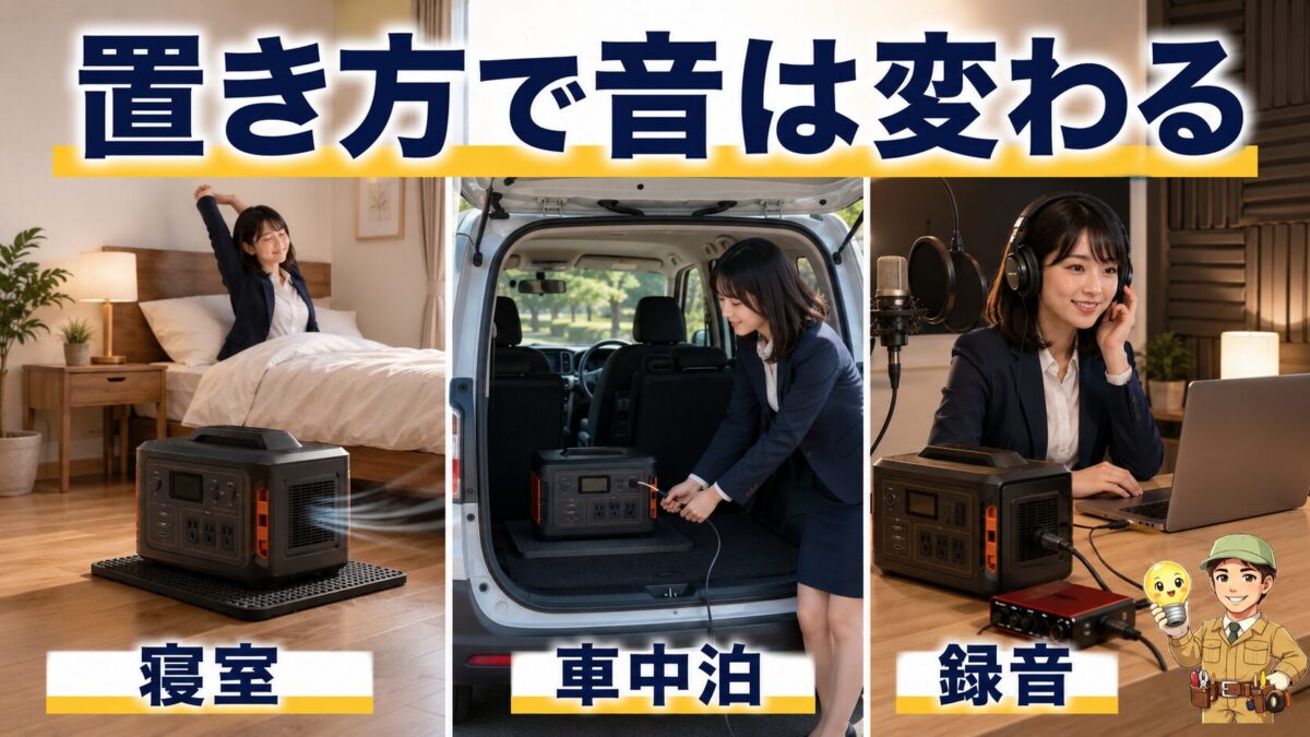 寝室や車中泊や録音環境でポータブル電源の音を抑える設置方法