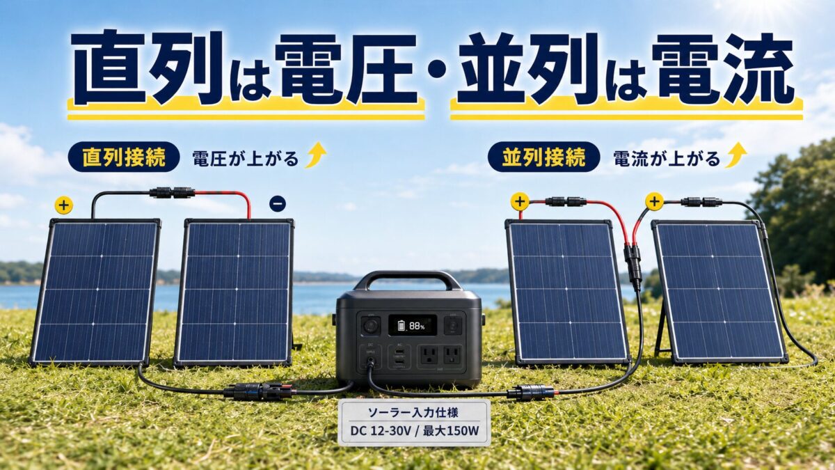 ソーラーパネルの直列接続と並列接続を比較する増設イメージ
