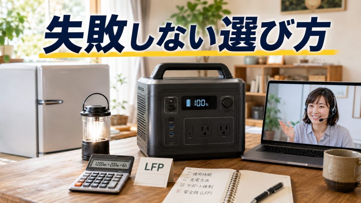 必要容量の計算や電池素材、保証を確認してポータブル電源を選ぶ場面を表現した画像