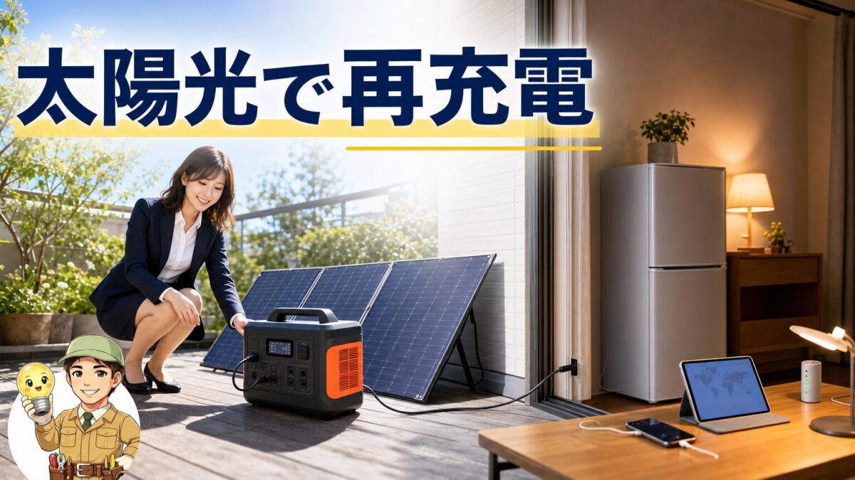 ソーラーパネルからポータブル電源へ充電して家庭で活用する画像