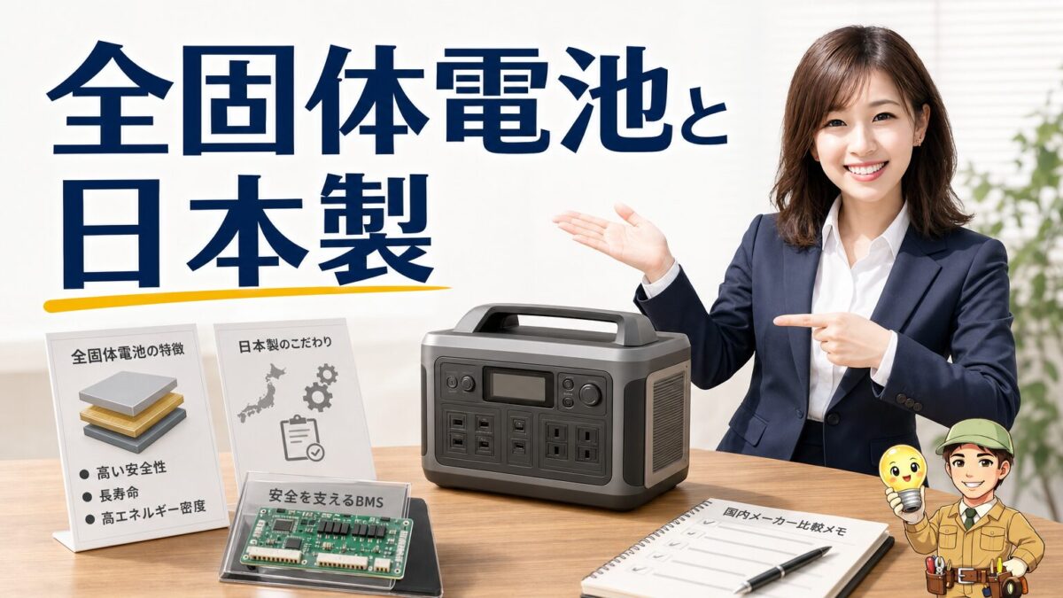全固体電池ポータブル電源と日本製ブランドの違いを示す画像