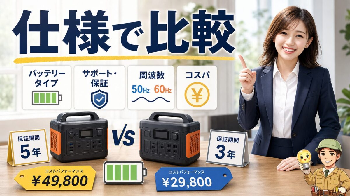 ポータブル電源の電池種類や保証や価格を比較する画像
