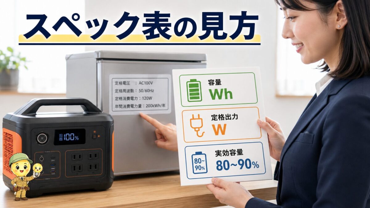 容量Whと定格出力Wを確認するポータブル電源のスペック表画像