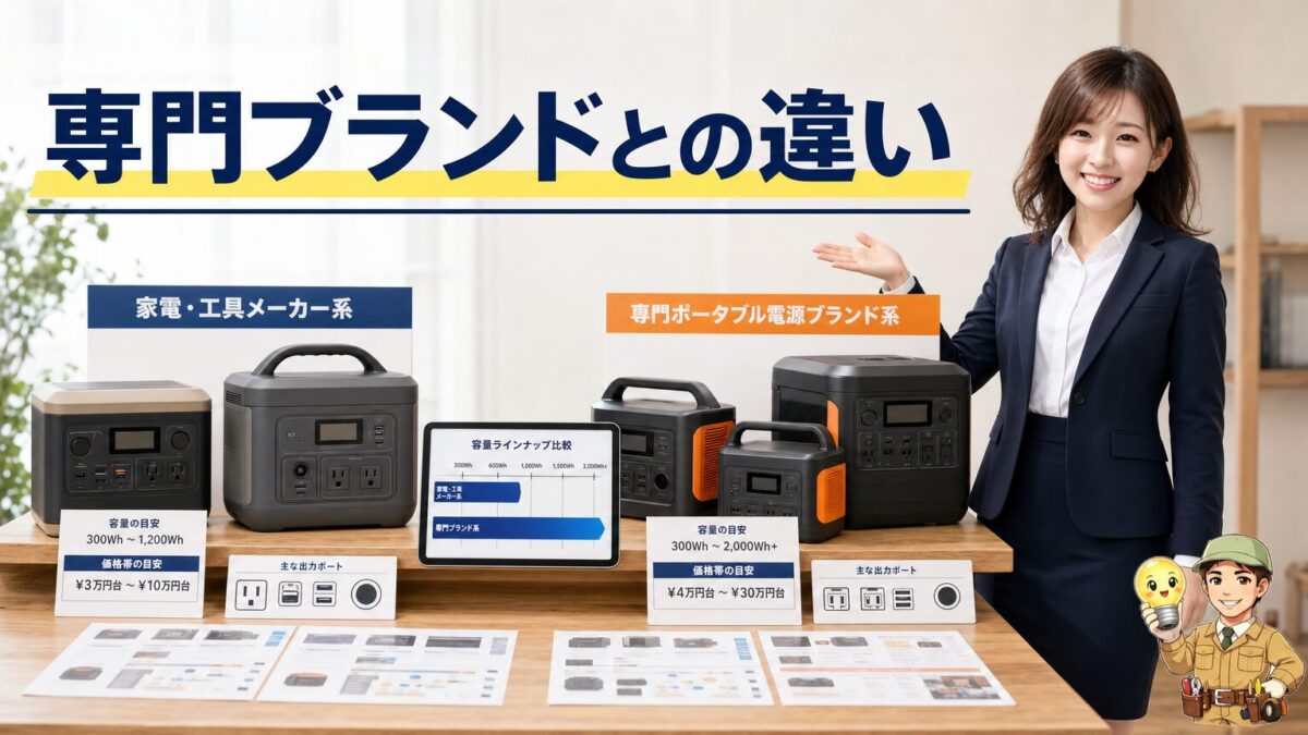家電メーカー系と専門ブランドのポータブル電源を比較する画像