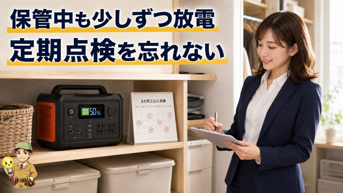 残量約50%で室内保管されたポータブル電源と定期点検カレンダー