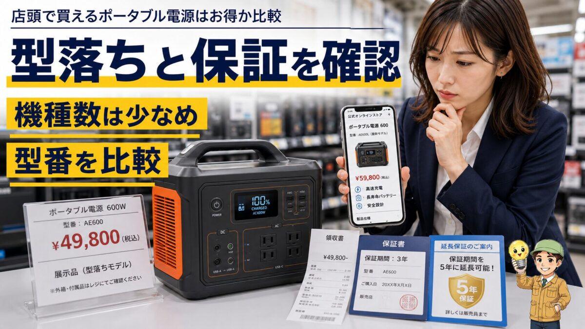 店頭の型落ちポータブル電源を最新モデルや保証内容と比較するイメージ