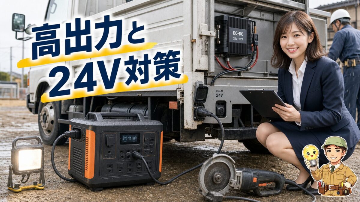 商用トラックで工具へ給電しながら走行充電する大型ポータブル電源