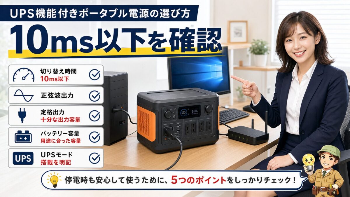 UPS機能付きポータブル電源の切替時間や波形を確認する画像
