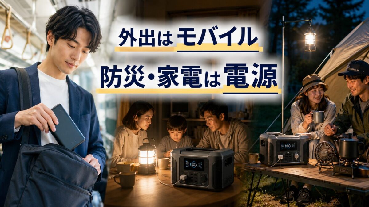 日常の外出と防災やアウトドアで電源を使い分ける場面を示した画像