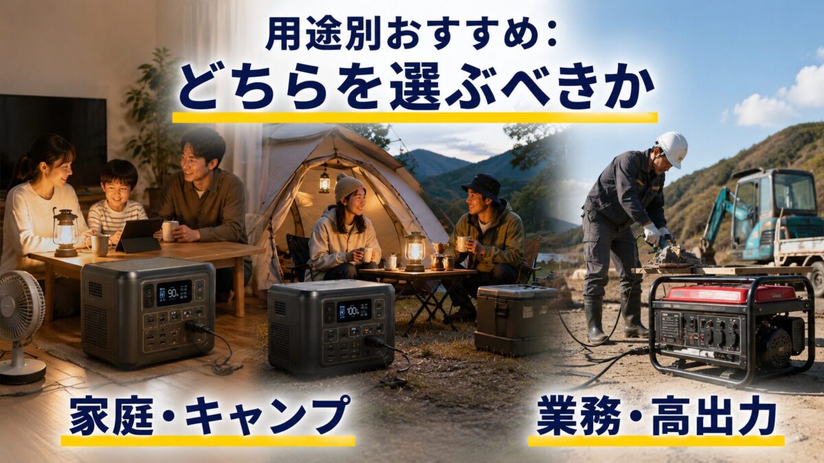 家庭やキャンプにはポータブル電源、業務用途には発電機が向くことを示した画像