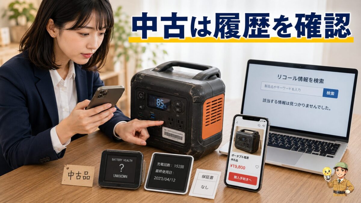中古ポータブル電源の使用履歴や保証とリコール情報を確認する場面