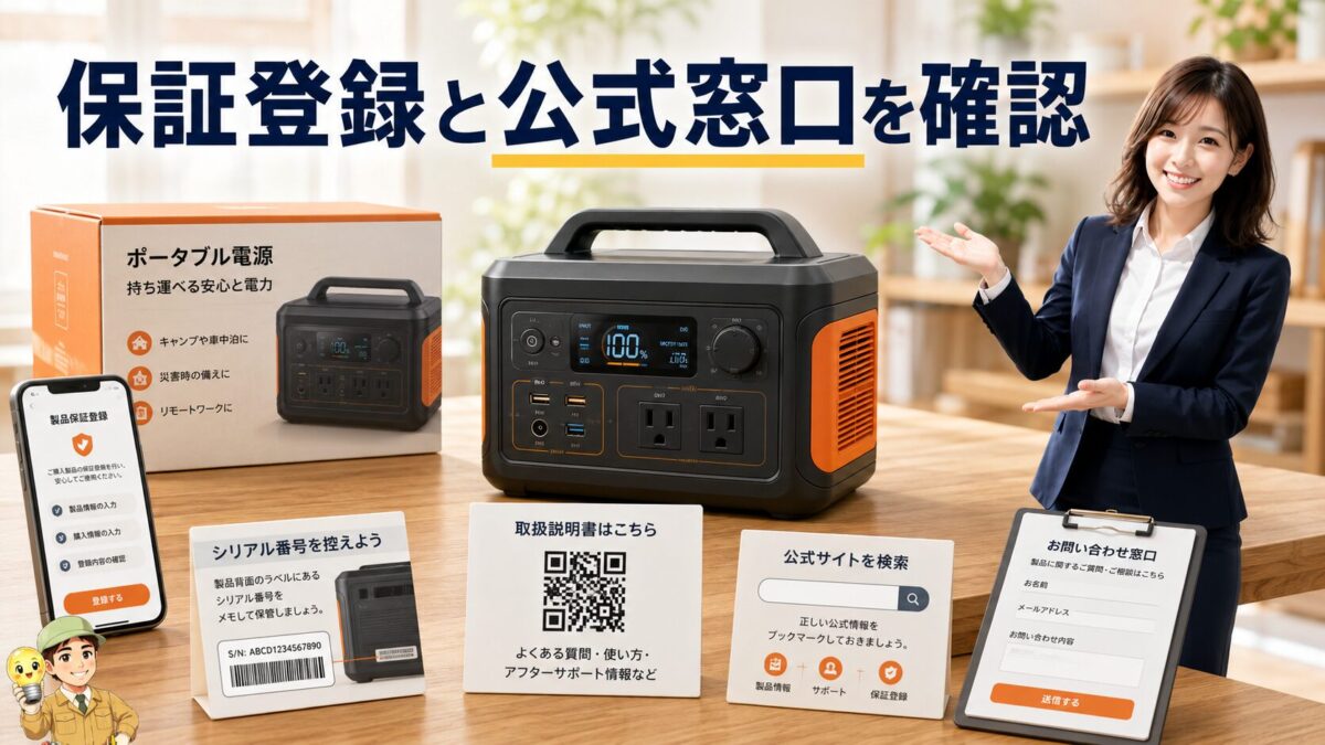 ポータブル電源のQRコード保証登録とシリアル番号、公式サポート窓口を示す画像