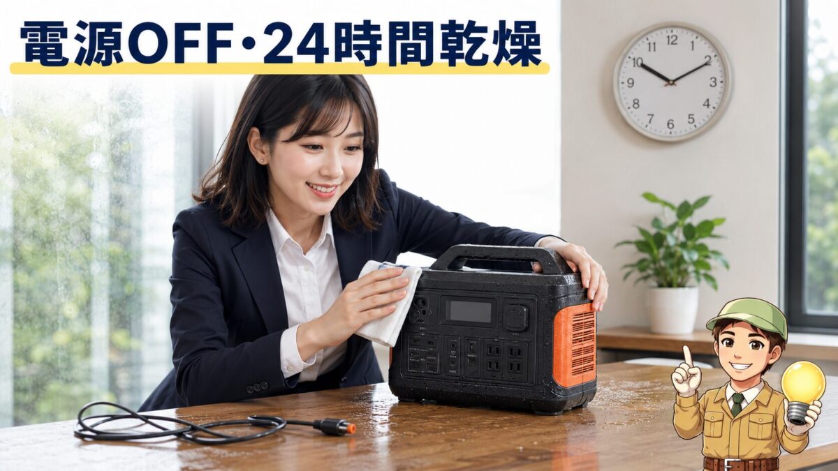 水濡れしたポータブル電源の電源を切り自然乾燥させる様子
