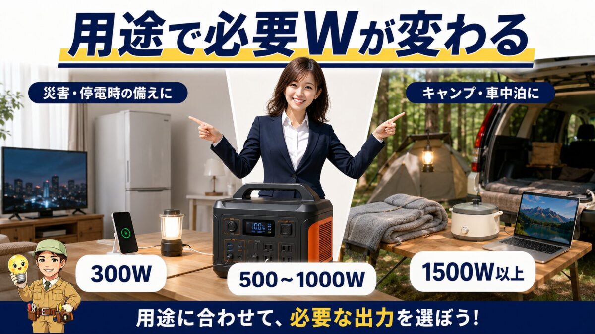 防災とキャンプの用途別に必要なポータブル電源の出力目安