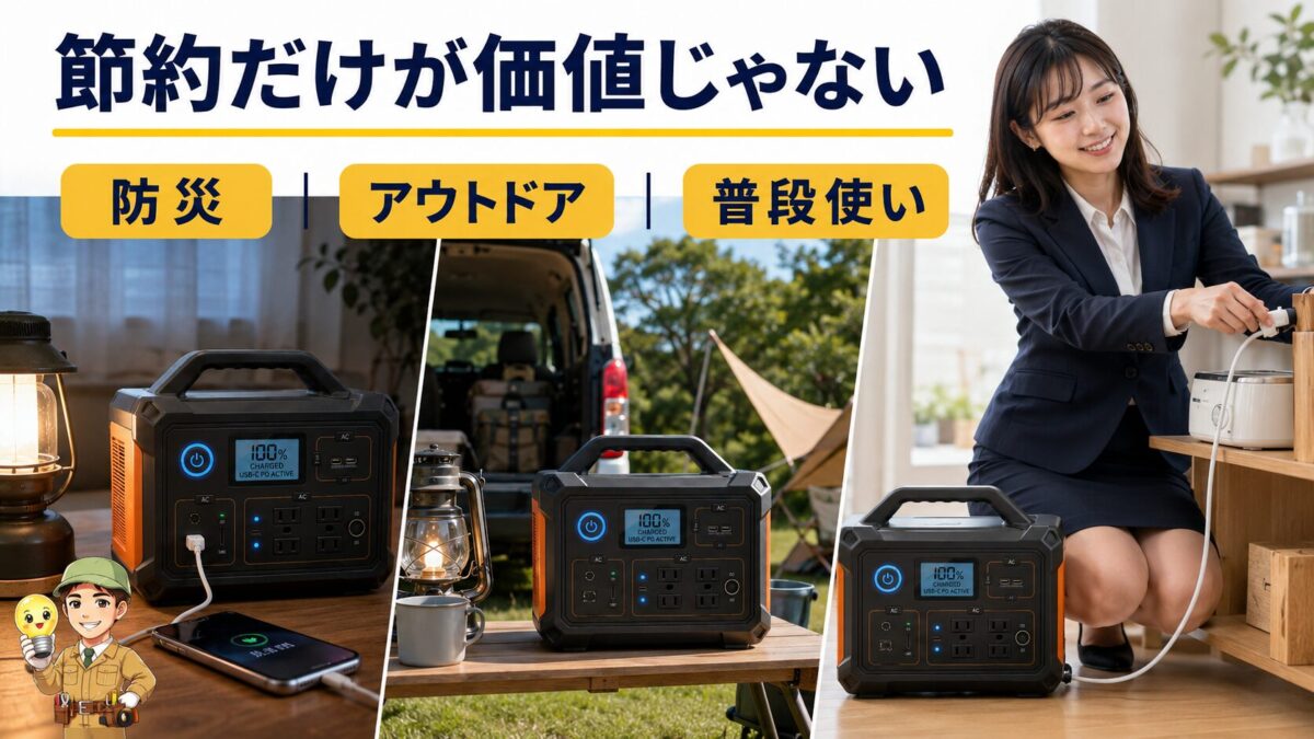ポータブル電源を防災とアウトドアと普段使いに活用する多面的な価値のイメージ