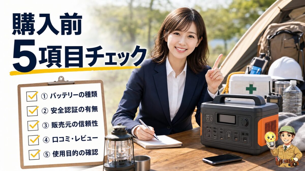 ポータブル電源購入前に確認すべき5項目を示すチェックリスト画像
