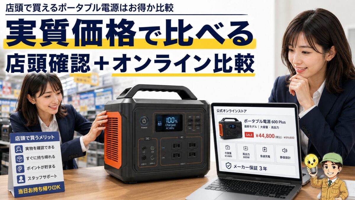 店頭購入と公式オンライン購入の価格や品揃えや保証を比較するイメージ