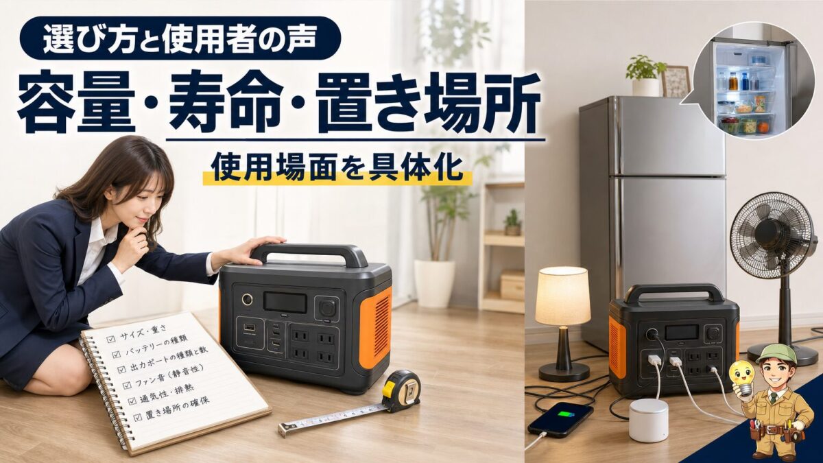 容量や寿命、設置場所を確認しながらポータブル電源を選ぶマンション居住者