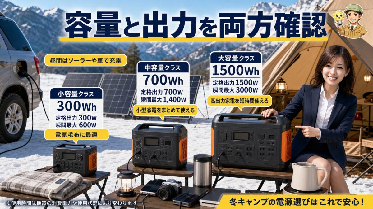 冬キャンプの使用機器に合わせて容量と出力を選ぶポータブル電源
