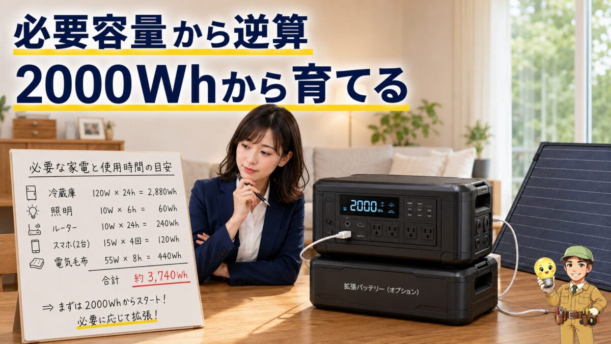 必要家電の消費電力を計算して拡張可能な電源を選ぶ画像