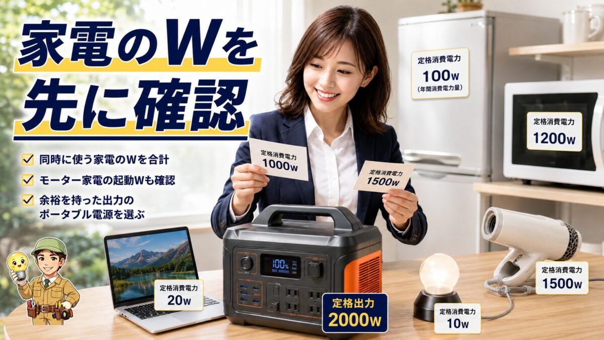家電の消費電力を確認して余裕のあるポータブル電源を選ぶ様子