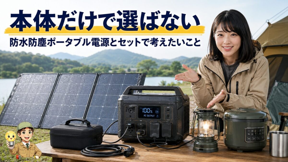 ソーラーパネルや防水ケーブルと組み合わせた屋外用ポータブル電源