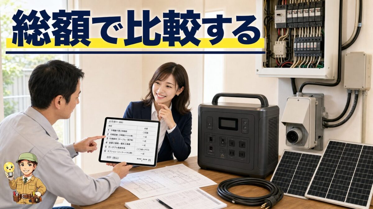 ポータブル電源と切替設備と工事見積もりを比較している画像