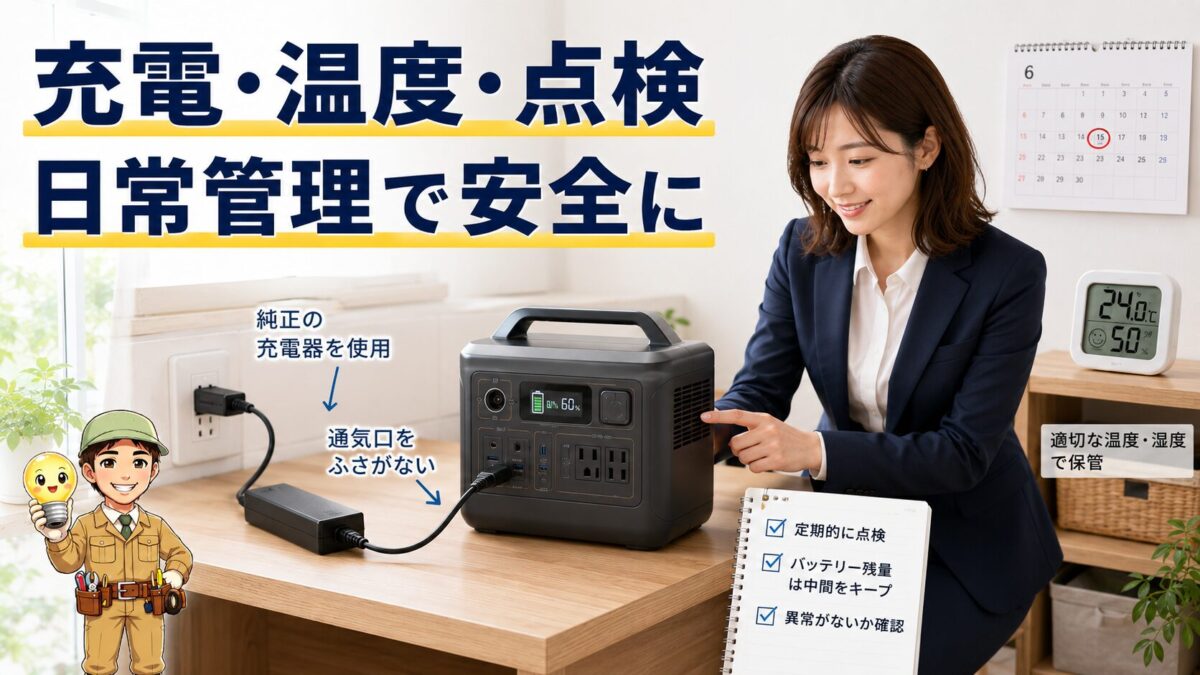 充電管理や温度管理、定期点検でポータブル電源を安全に使う画像