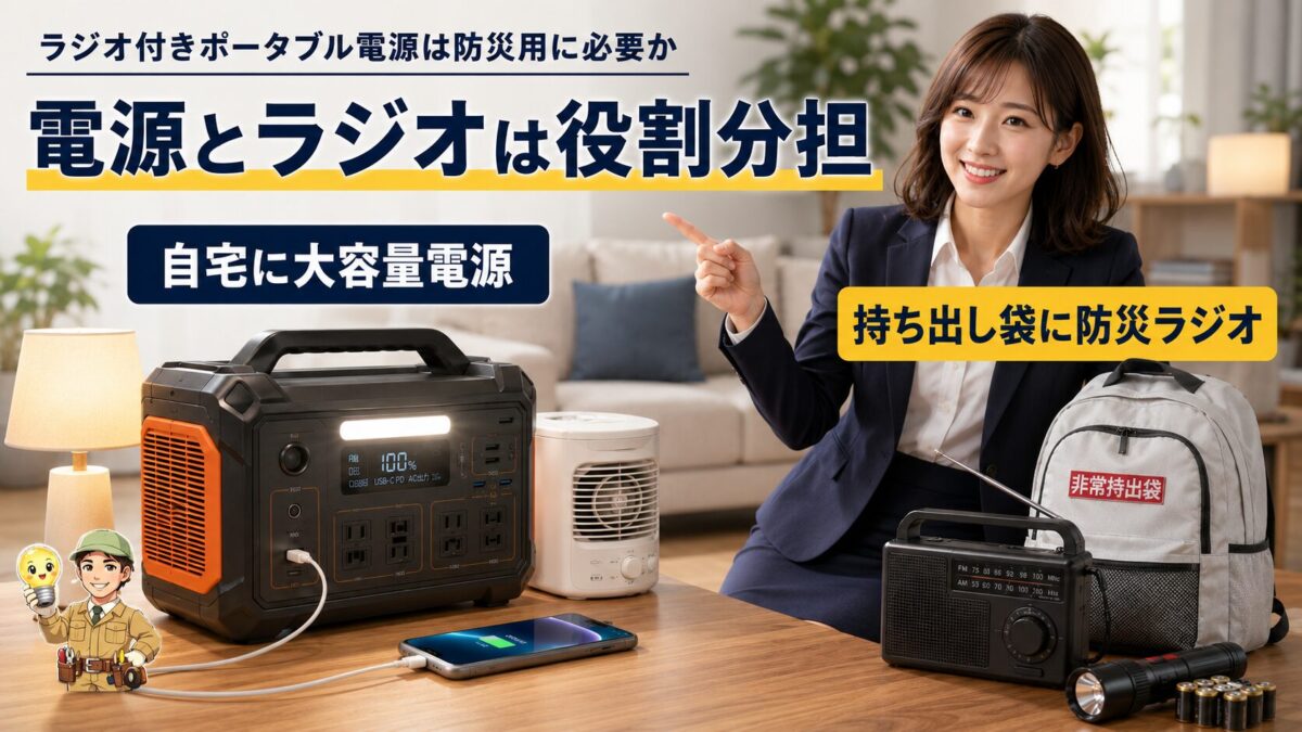 大容量ポータブル電源と小型防災ラジオを役割別に組み合わせた防災セットのイメージ