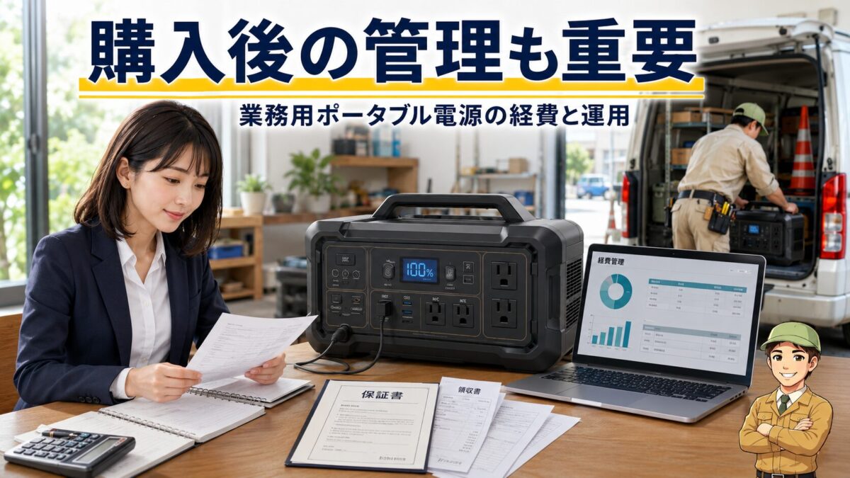 領収書や保証書とともに業務用ポータブル電源の経費と運用を管理する場面