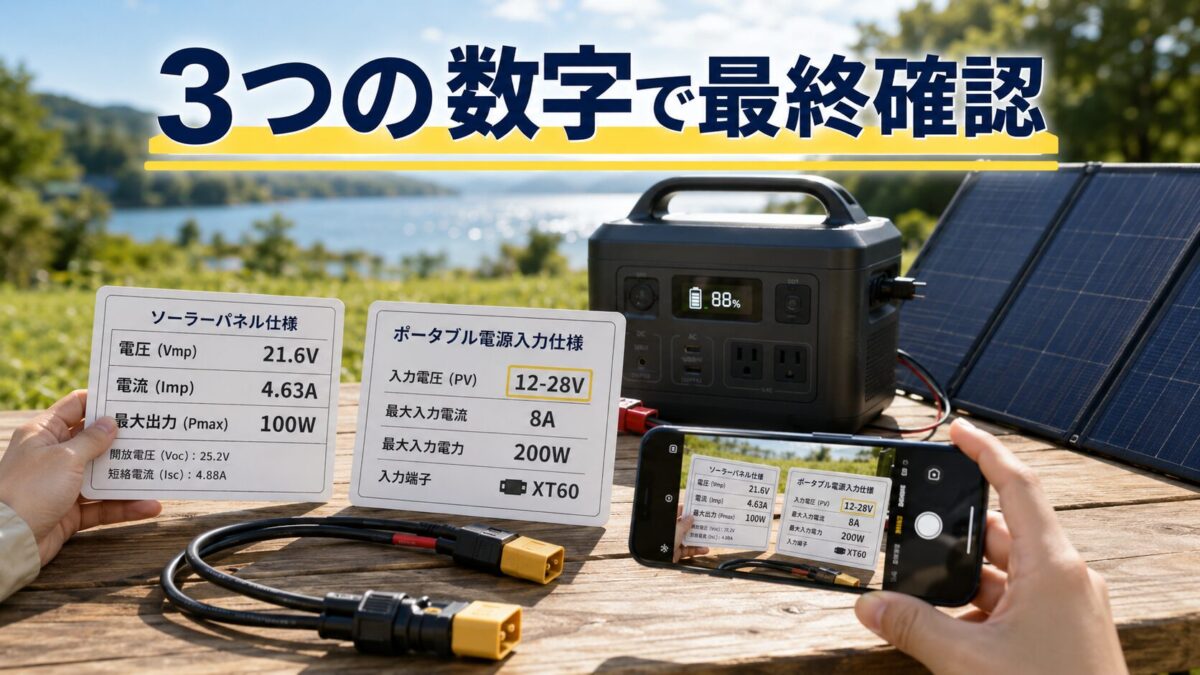 パネルとポータブル電源の仕様を並べて安全性を確認する手元