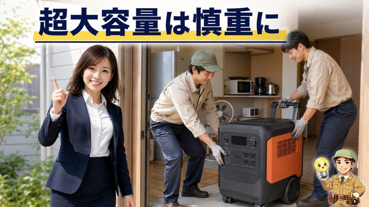 超大容量ポータブル電源の重さと搬入スペースを確認する場面