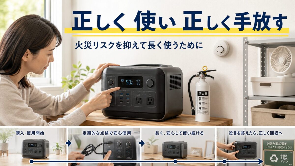 ポータブル電源を点検しながら安全に長く使い正しく手放す様子