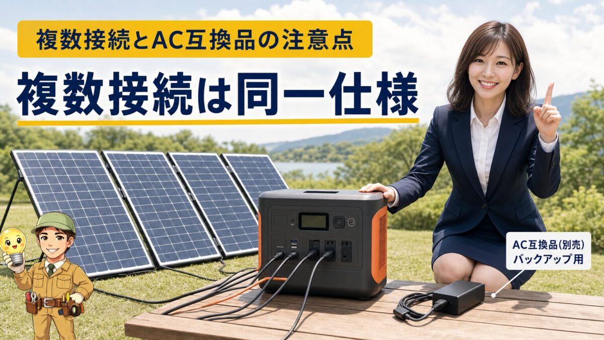 複数ソーラーパネル接続と互換ACアダプターの注意点を示すイメージ