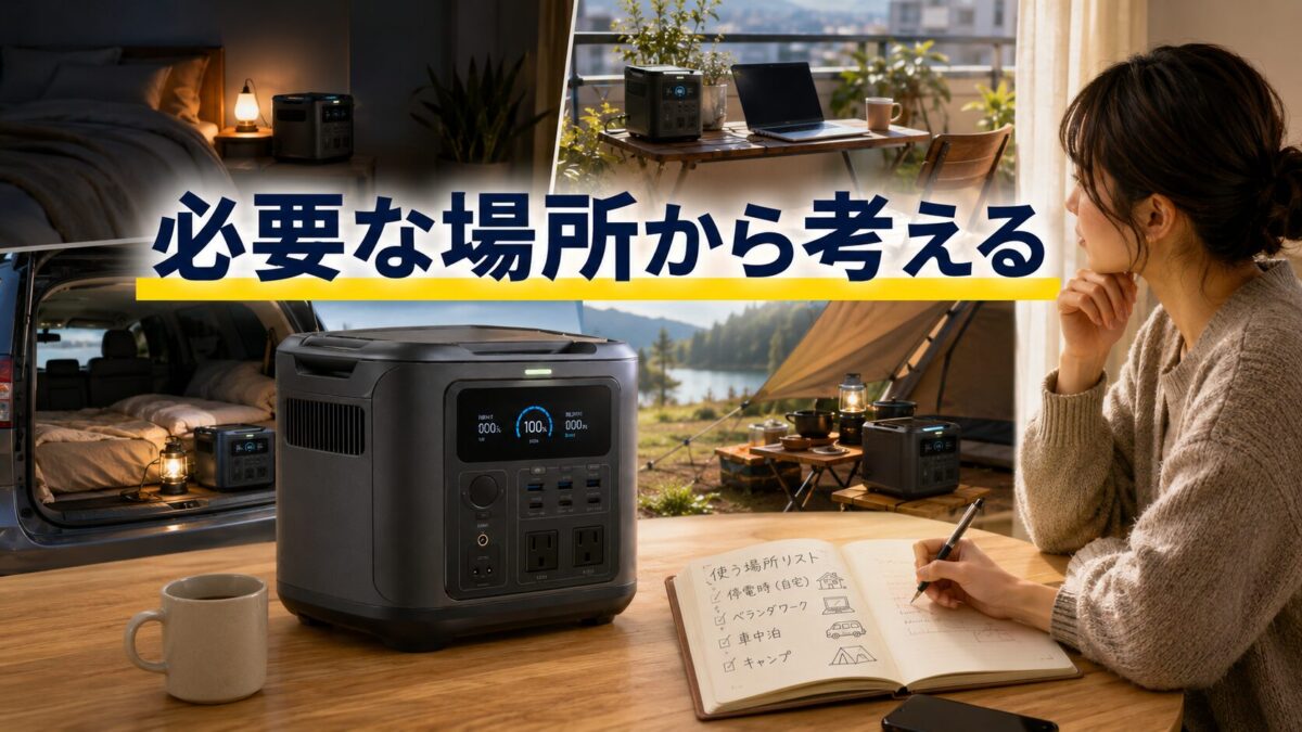 生活の中でポータブル電源が必要になる場所をノートに書き出して検討する様子