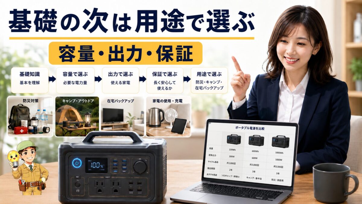 ポータブル電源の基礎知識を踏まえて用途や容量、出力、保証で選ぶ様子を表す画像