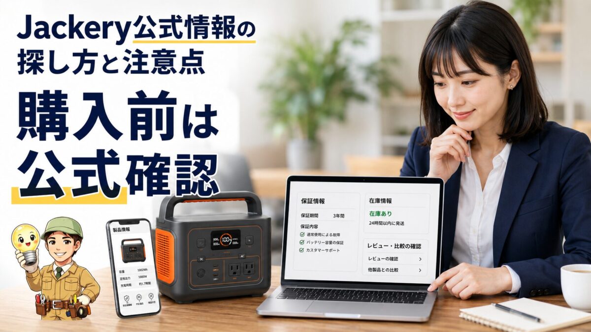 Jackery購入前に公式サイトで価格や保証、在庫を確認する様子を表す画像