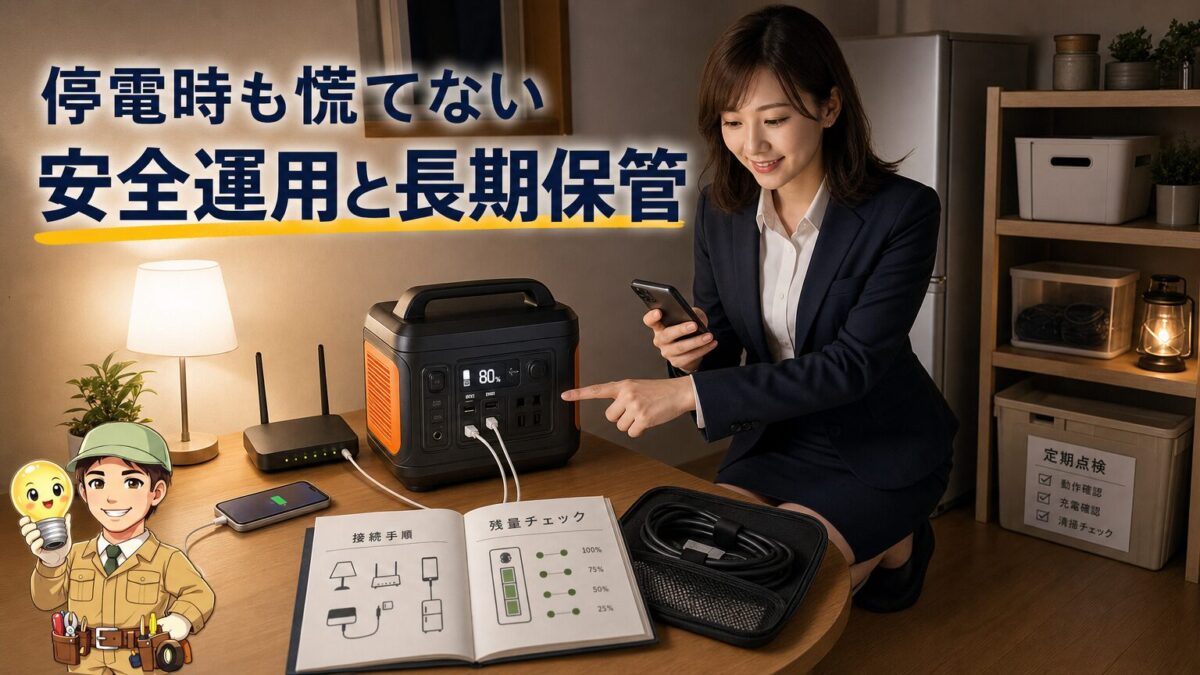 停電した家庭でポータブル電源を安全に接続して必要な家電を動かす様子