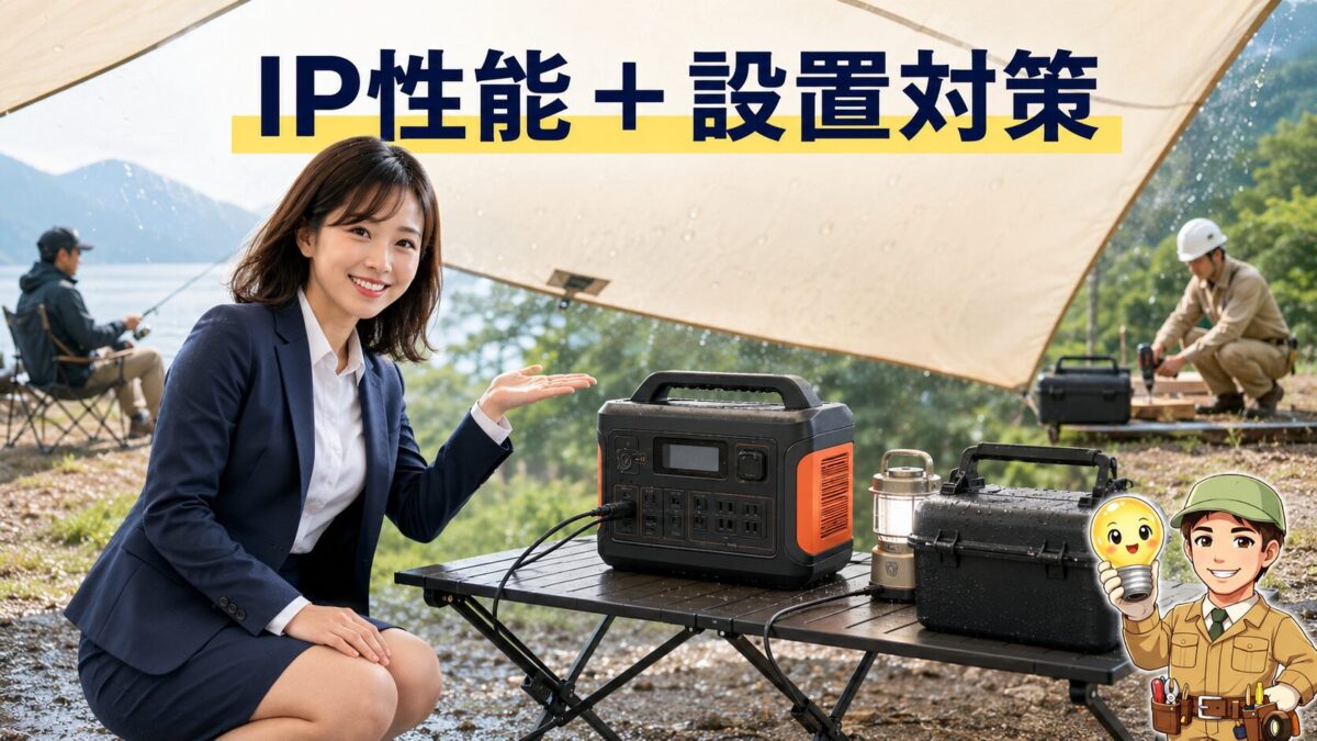 タープと台と防水ケースを使って屋外でポータブル電源を安全に使う様子