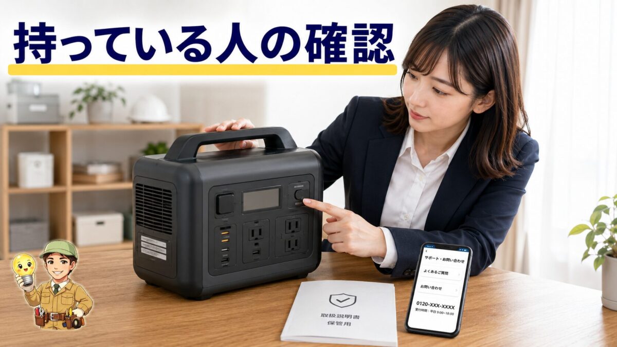 所有しているポータブル電源の外観と型番を確認する人