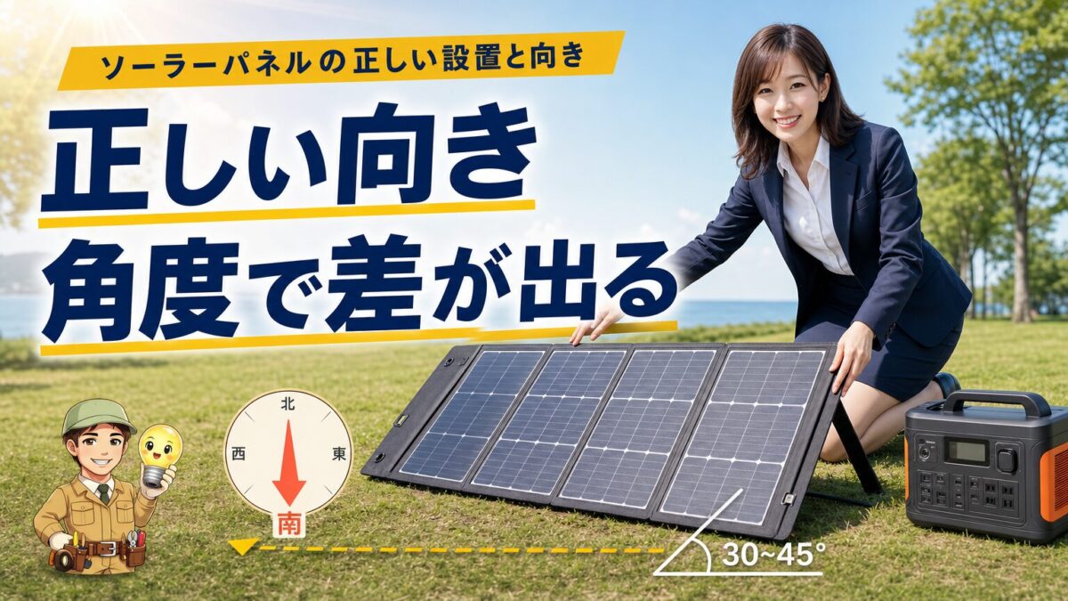 ソーラーパネルの正しい設置角度と向きを示す画像
